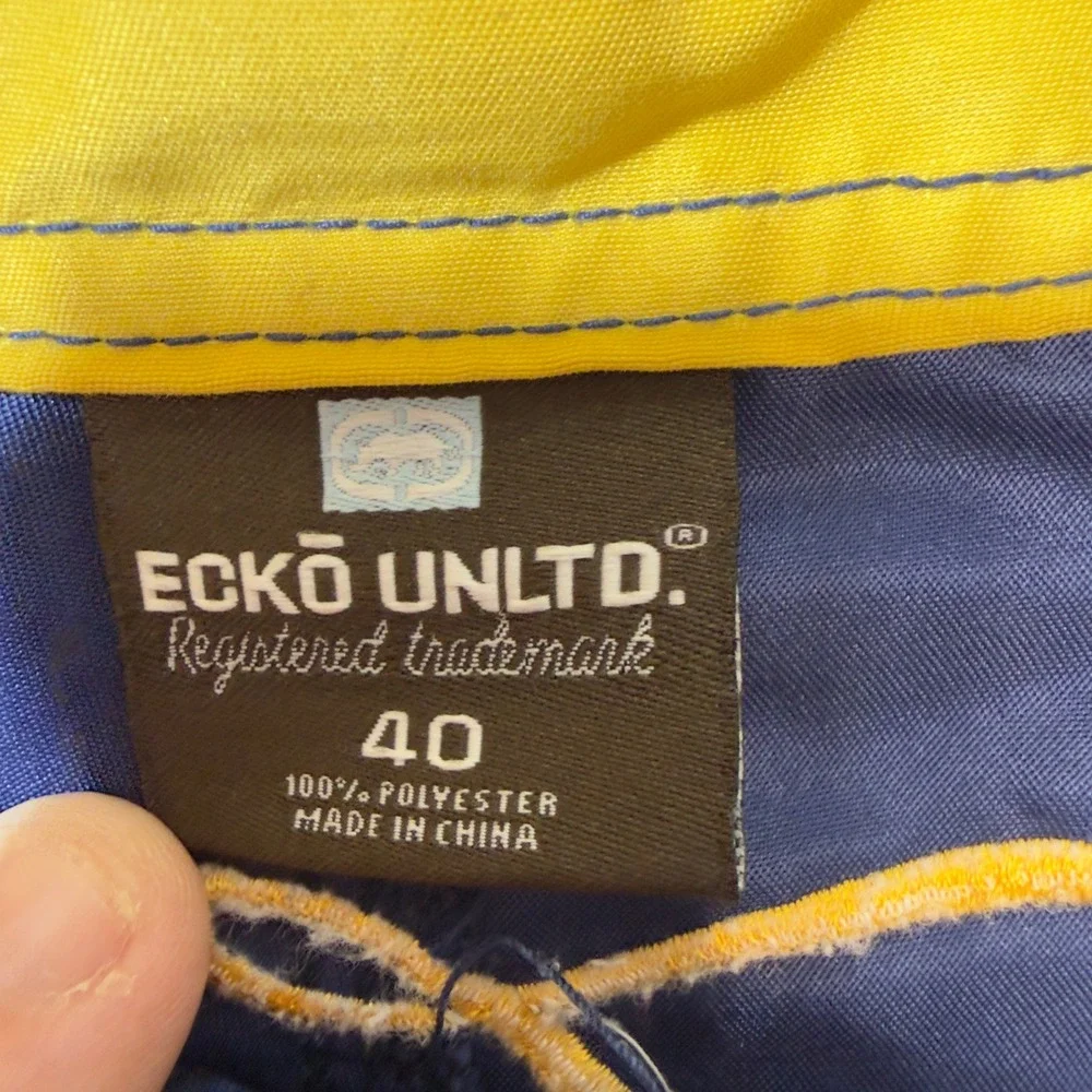 Ecko Unltd Mens Navy Blue Yellow Rhino Logo Board Shorts Swim Trunks Size 40 Y2K